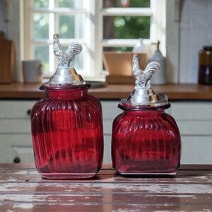 Vintage Cranberry Ribbed Canisters W/Rooster Lids 🐓
